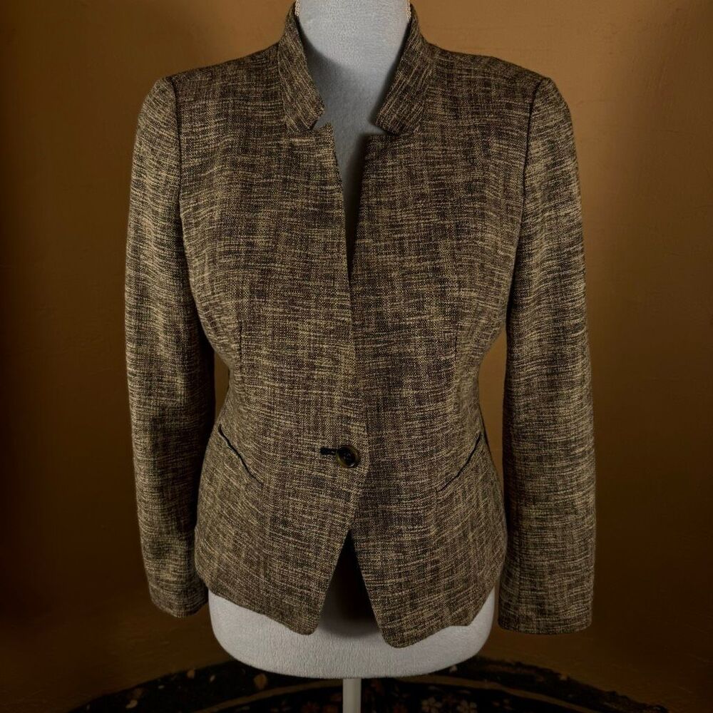 LOFT Petites Gray Tweed Cotton Blend Blazer | Stand Collar | One Button | Size 6